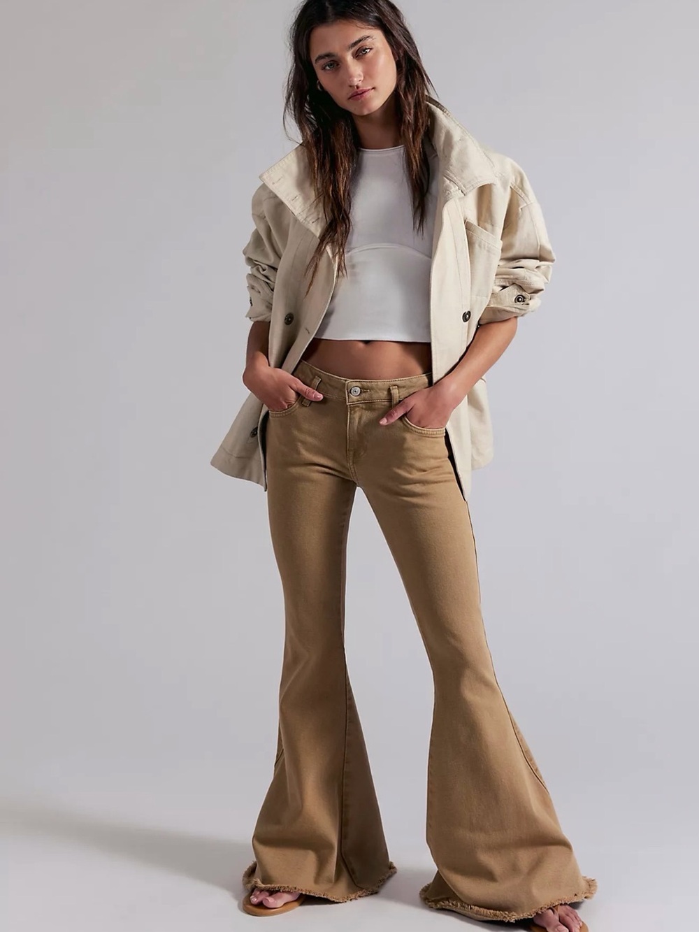 We The Free Khaki Flare Jeans with Raw Hem